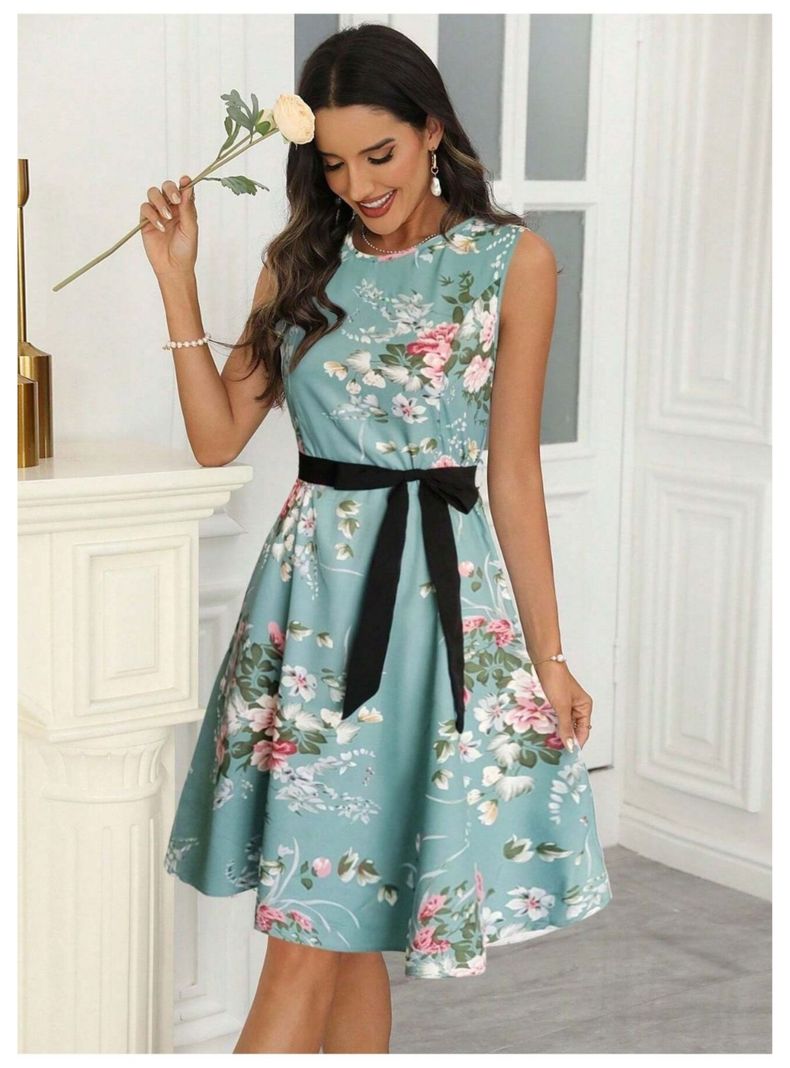 Vestido Largo De Mujer Sin Mangas Verde Estampado Floral Con Cinturon-3