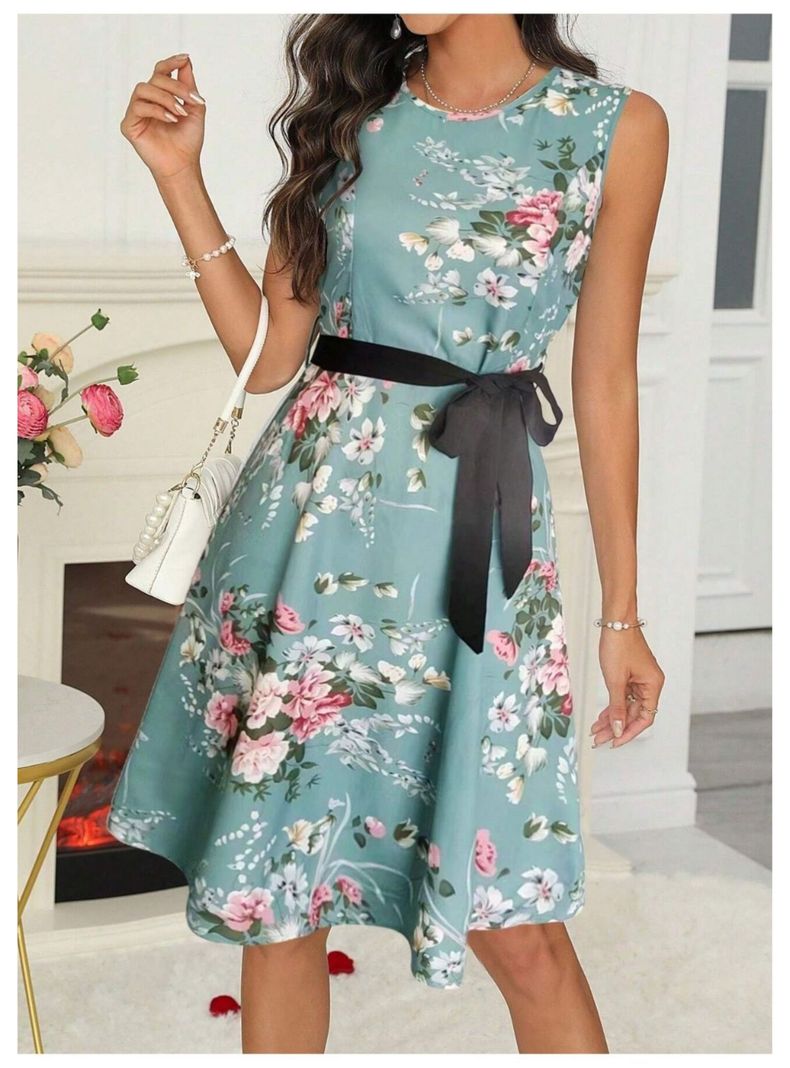 Vestido Largo De Mujer Sin Mangas Verde Estampado Floral Con Cinturon-4