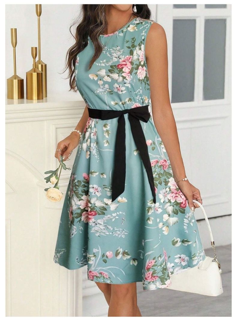Vestido Largo De Mujer Sin Mangas Verde Estampado Floral Con Cinturon-5
