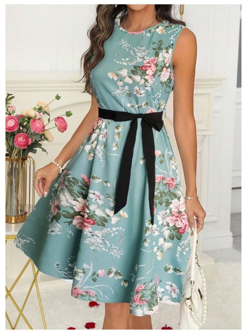 Vestido Largo De Mujer Sin Mangas Verde Estampado Floral Con Cinturon-6