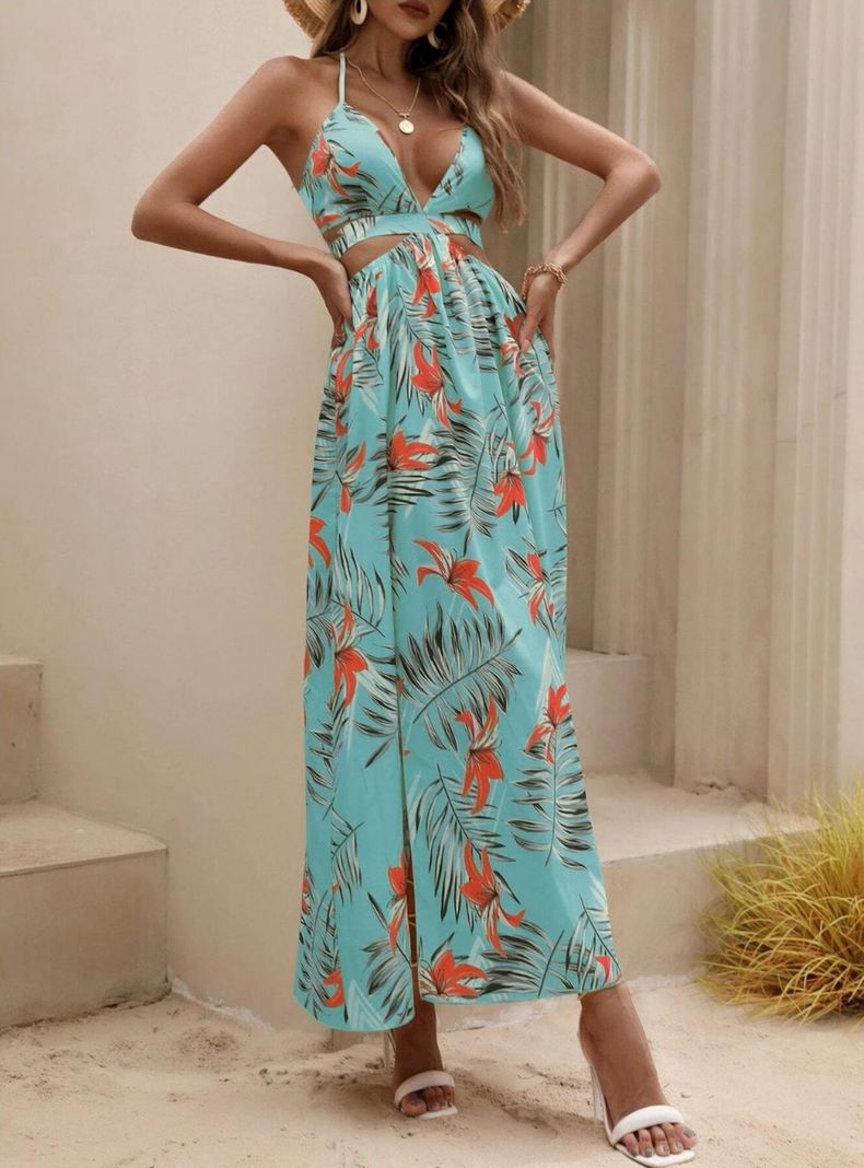 Vestido Largo Mujer Maxi Menta Tropical Escote Fino-3