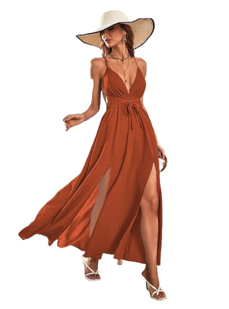 Vestido Largo de Mujer Camisero Escote V Profundo-0