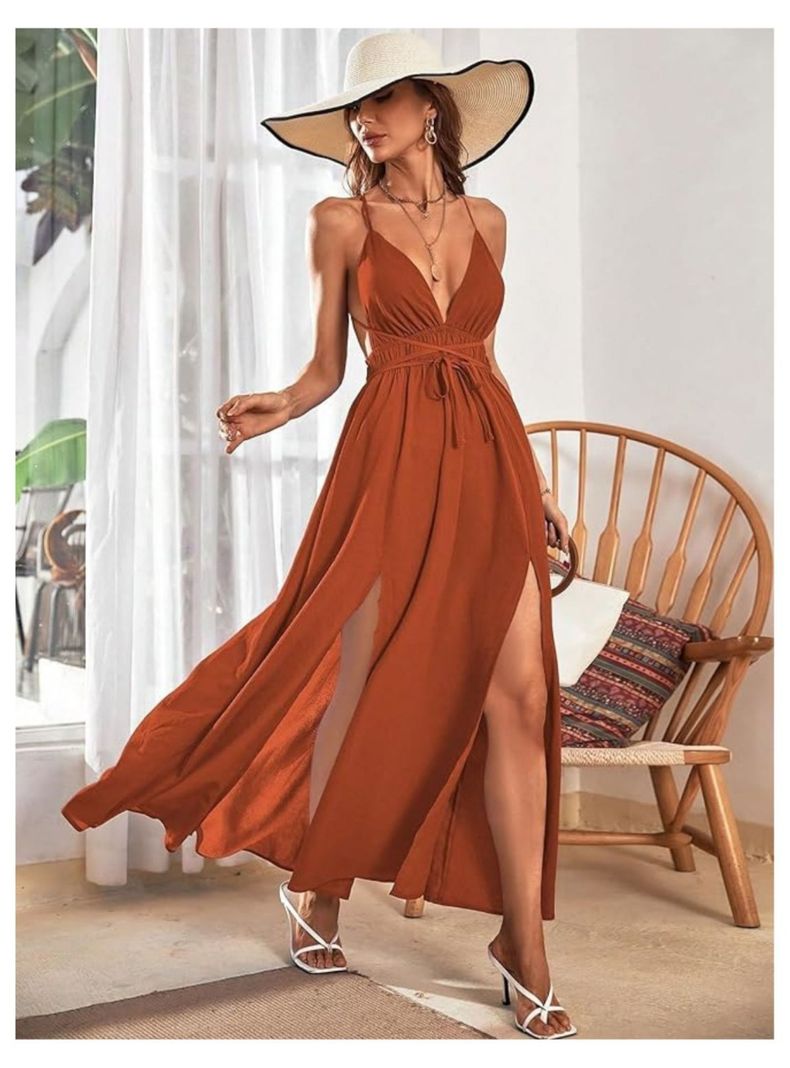 Vestido Largo de Mujer Camisero Escote V Profundo-2