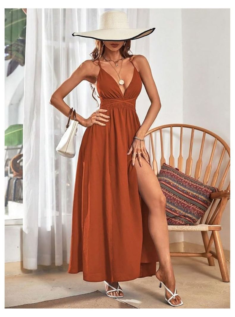 Vestido Largo de Mujer Camisero Escote V Profundo-4