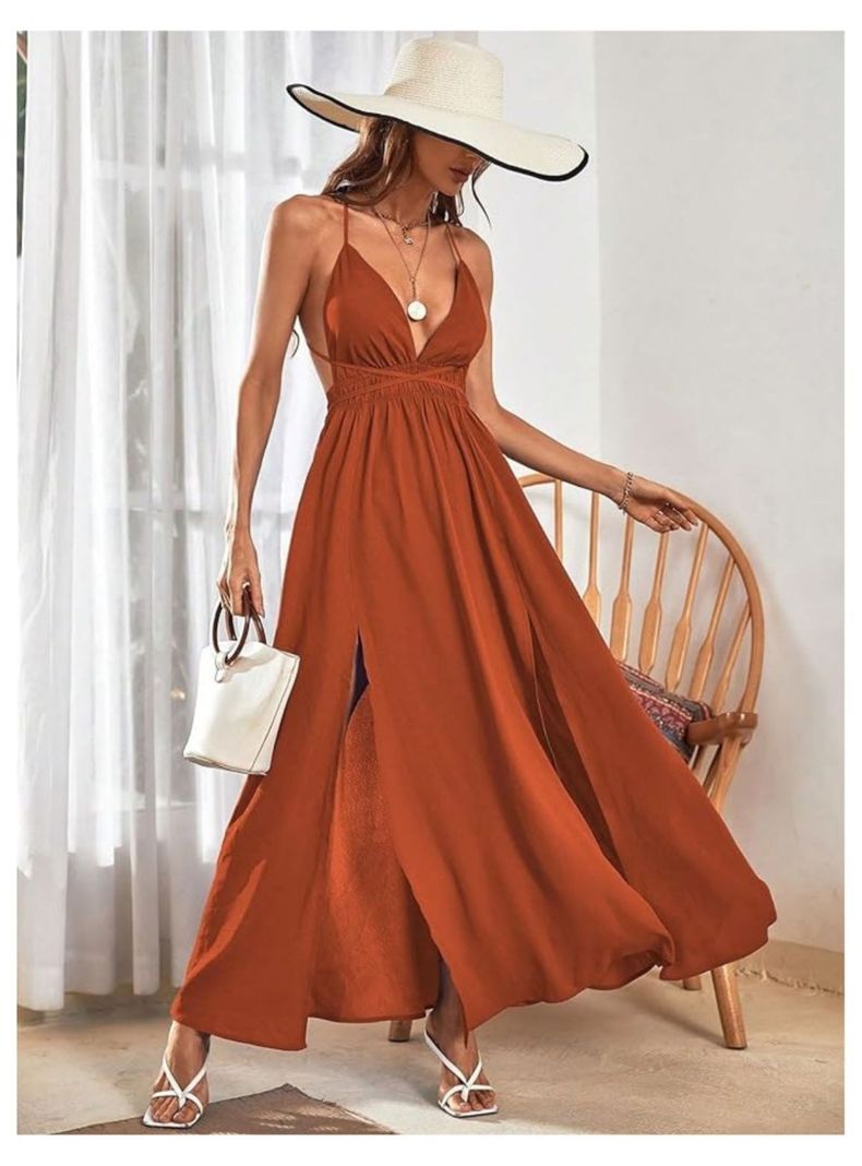 Vestido Largo de Mujer Camisero Escote V Profundo-5