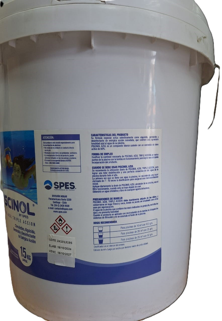Cloro Azul Triple Acción Alguicida Germicida Piscinol Balde 15KG-2