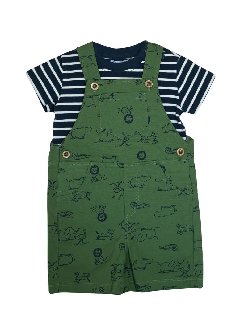 Conjunto Jardinera  Verde Estampada y Polera Rayas Azul Pumucki-0