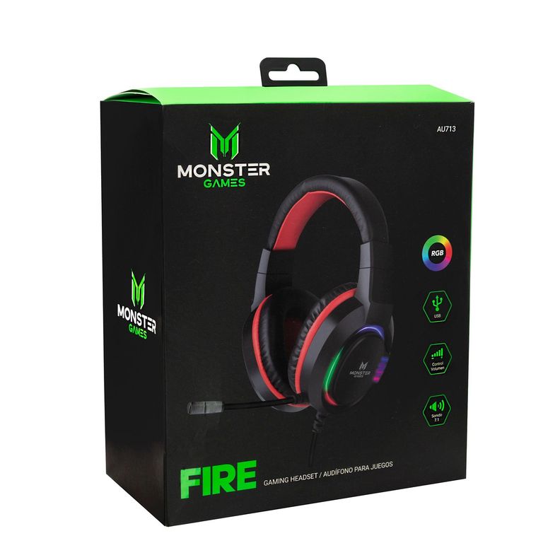 AU713 HEADSET GAMER MONSTER FIRE SONIDO 7.1 USB Open box Negro