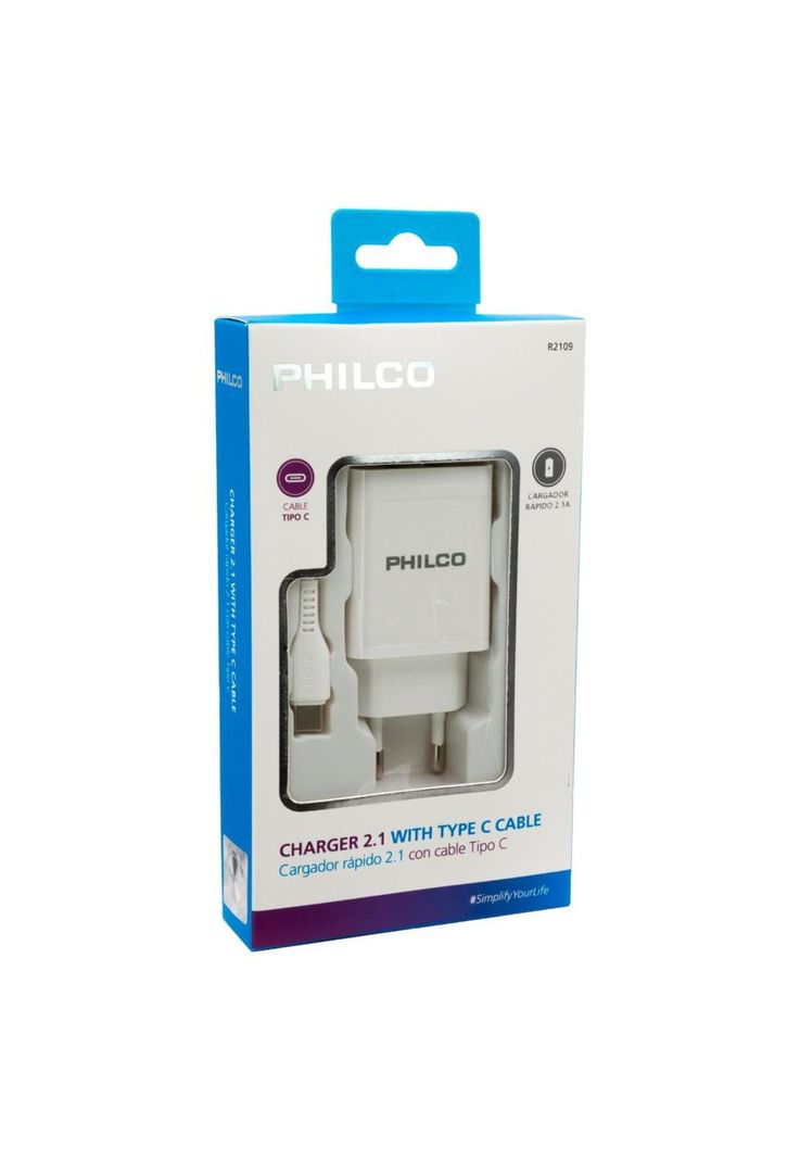 Cargador de Pared 2.1A Doble USB c/ Cable Tipo C Blanco R2109-0