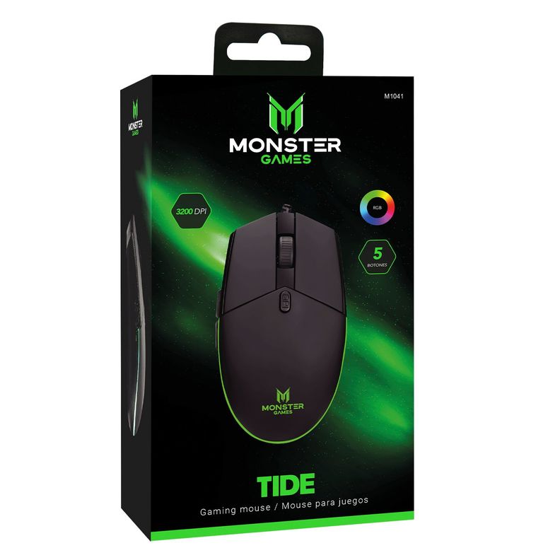 MOUSE GAMER MONSTER TIDE 3200DPI 5 BOTONES NEGRO Open box