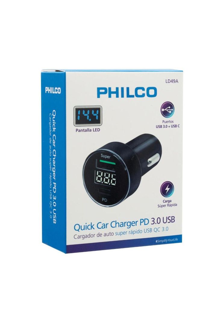 Cargador de Auto USB QC3.0 c/ Pantalla LED Philco-4