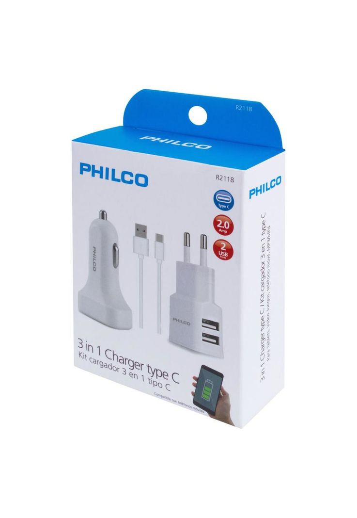Kit Cargador 2.1A 3 en 1 c/ Cable Tipo C Blanco R2118-1
