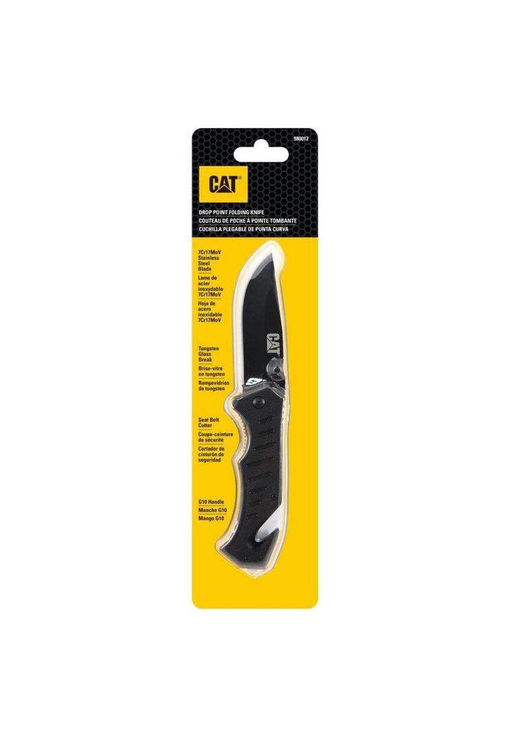 CUCHILLO NAVAJA PLEGABLE CAT 980012 PUNTA CURVA CON ROTURA DE VIDRIO Y CORTADOR DE BANDA-0