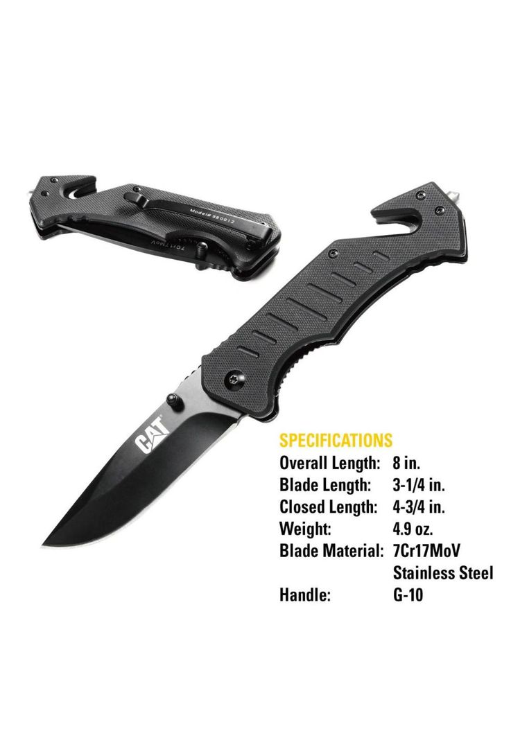 CUCHILLO NAVAJA PLEGABLE CAT 980012 PUNTA CURVA CON ROTURA DE VIDRIO Y CORTADOR DE BANDA-1