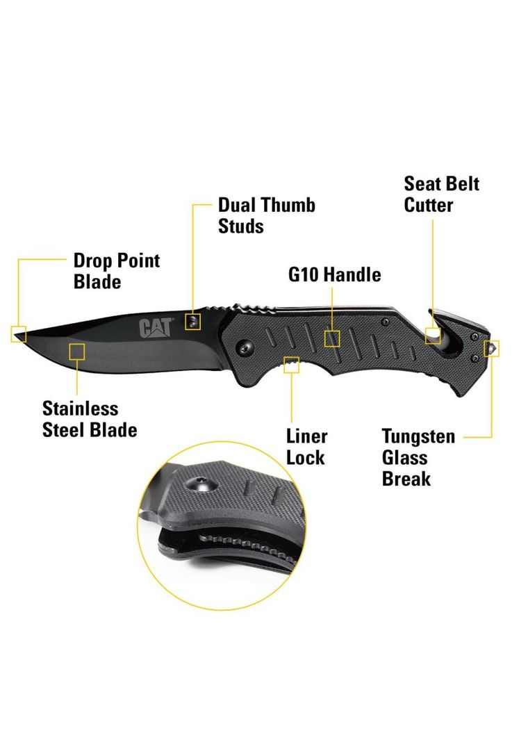 CUCHILLO NAVAJA PLEGABLE CAT 980012 PUNTA CURVA CON ROTURA DE VIDRIO Y CORTADOR DE BANDA-2