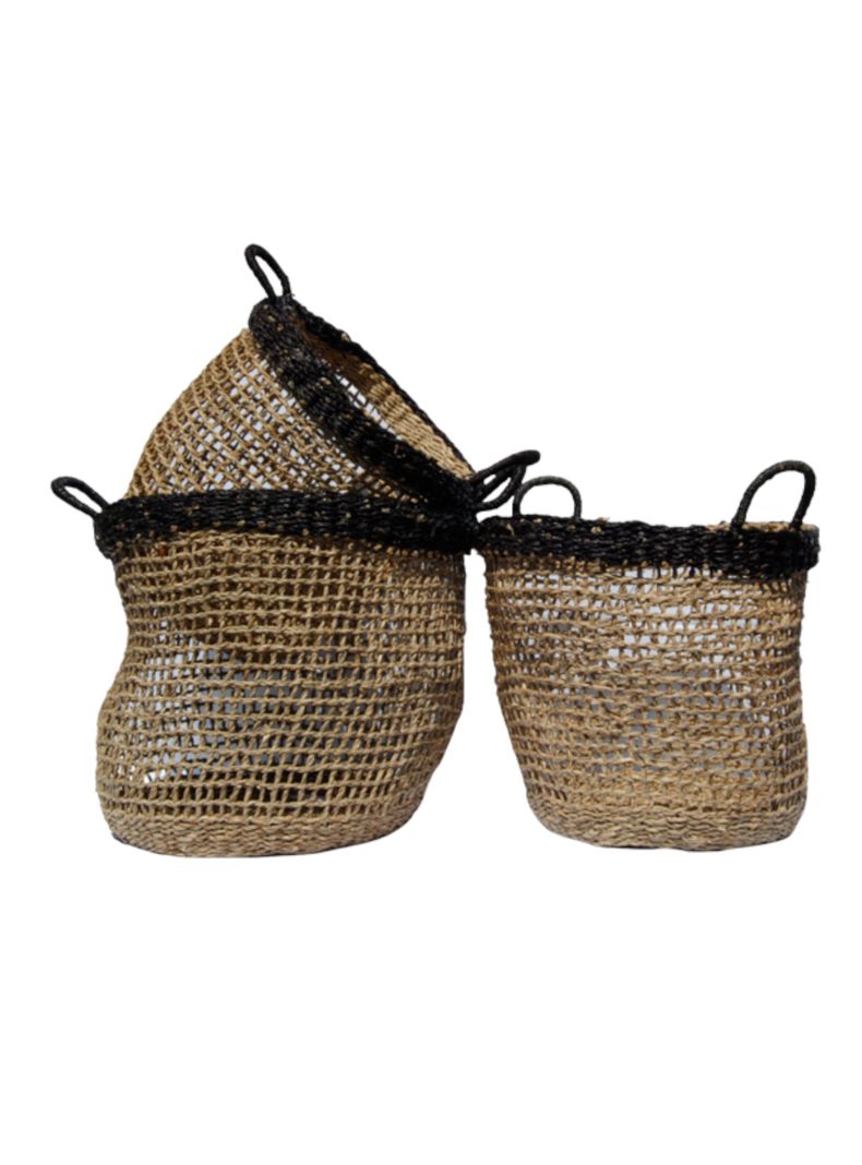 Canasto fibra natural borde negro grande D40xA45 cms -0