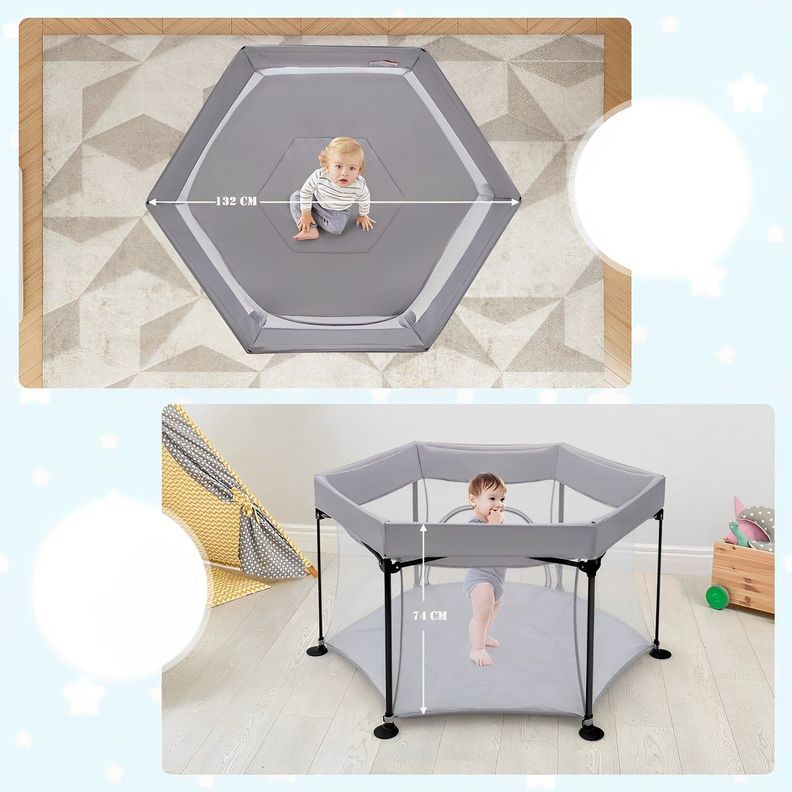 Corral Plegable Infantil Portatil Gris-2