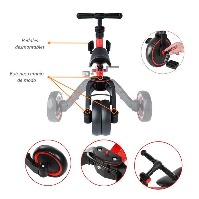 Triciclo Correpasillos Bicicleta de Aprendizaje Multiposiciones 3 En 1 Rojo-4