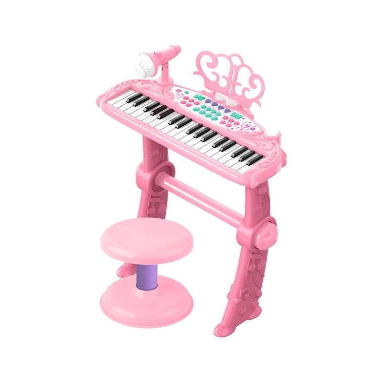 Teclado de Piano Infantil con Micrófono y Taburete Rosado-0