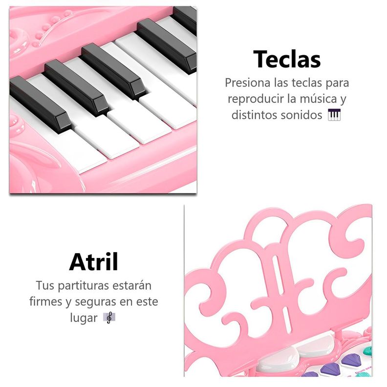 Teclado de Piano Infantil con Micrófono y Taburete Rosado-2