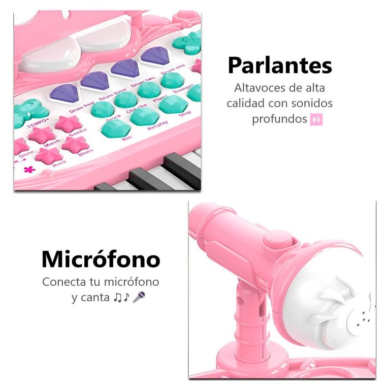 Teclado de Piano Infantil con Micrófono y Taburete Rosado-3