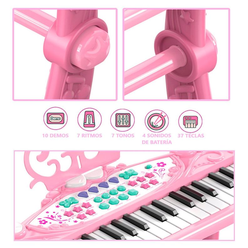 Teclado de Piano Infantil con Micrófono y Taburete Rosado-5