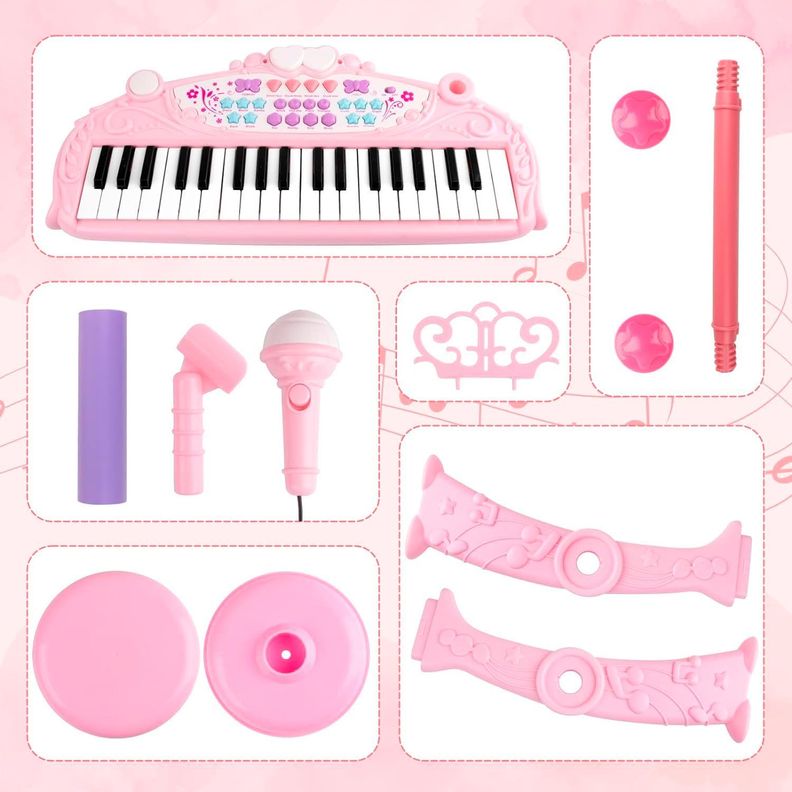 Teclado de Piano Infantil con Micrófono y Taburete Rosado-6