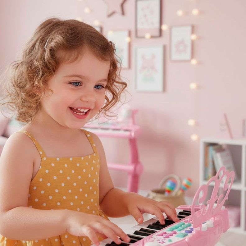 Teclado de Piano Infantil con Micrófono y Taburete Rosado Mundo