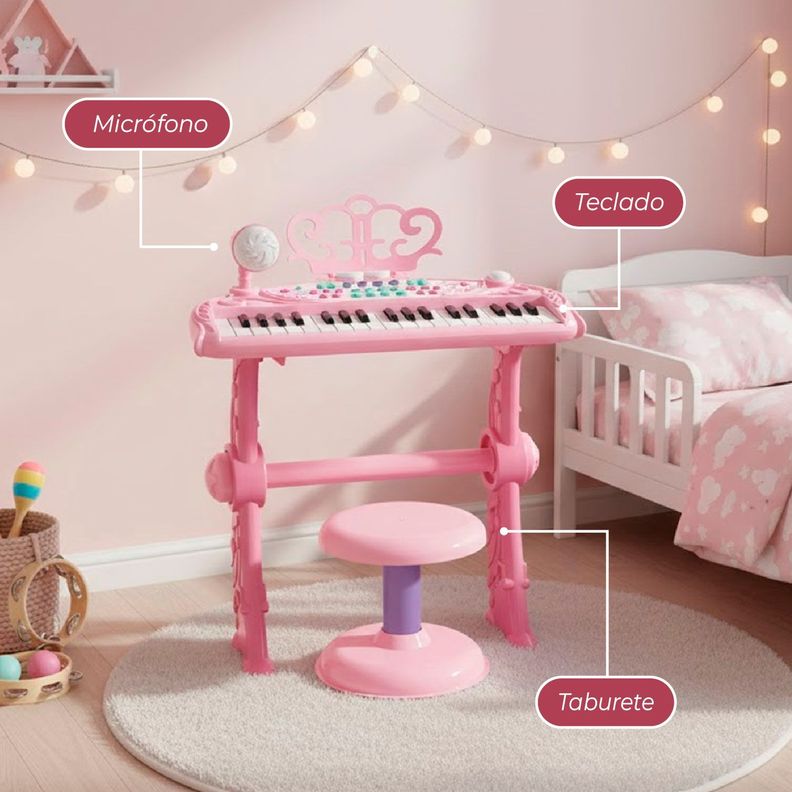 Teclado de Piano Infantil con Micrófono y Taburete Rosado Mundo