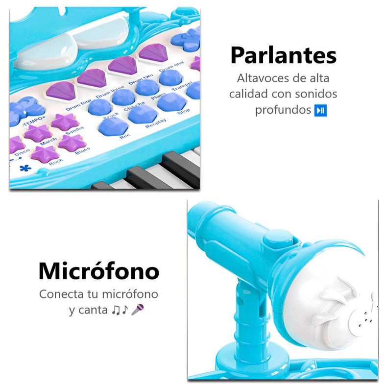 Teclado de Piano Infantil con Micrófono y Taburete Celeste-2