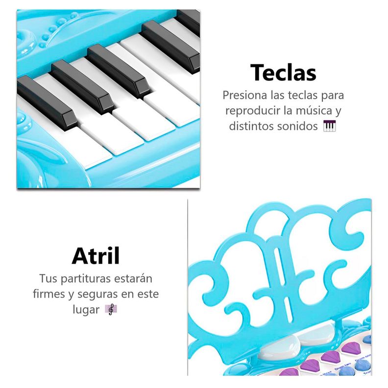 Teclado de Piano Infantil con Micrófono y Taburete Celeste-4