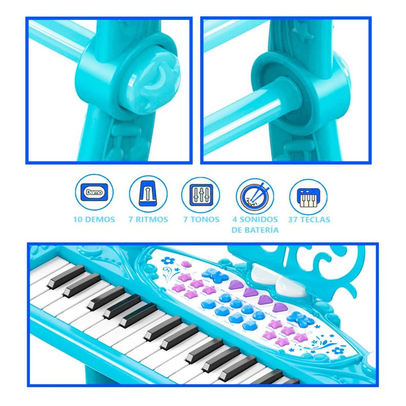 Teclado de Piano Infantil con Micrófono y Taburete Celeste-5