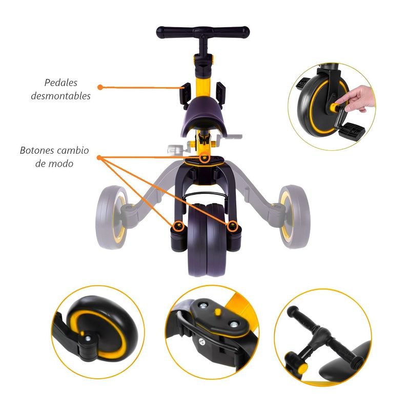 Triciclo Correpasillos Bicicleta de Aprendizaje Multiposiciones 3 En 1 Amarillo-3