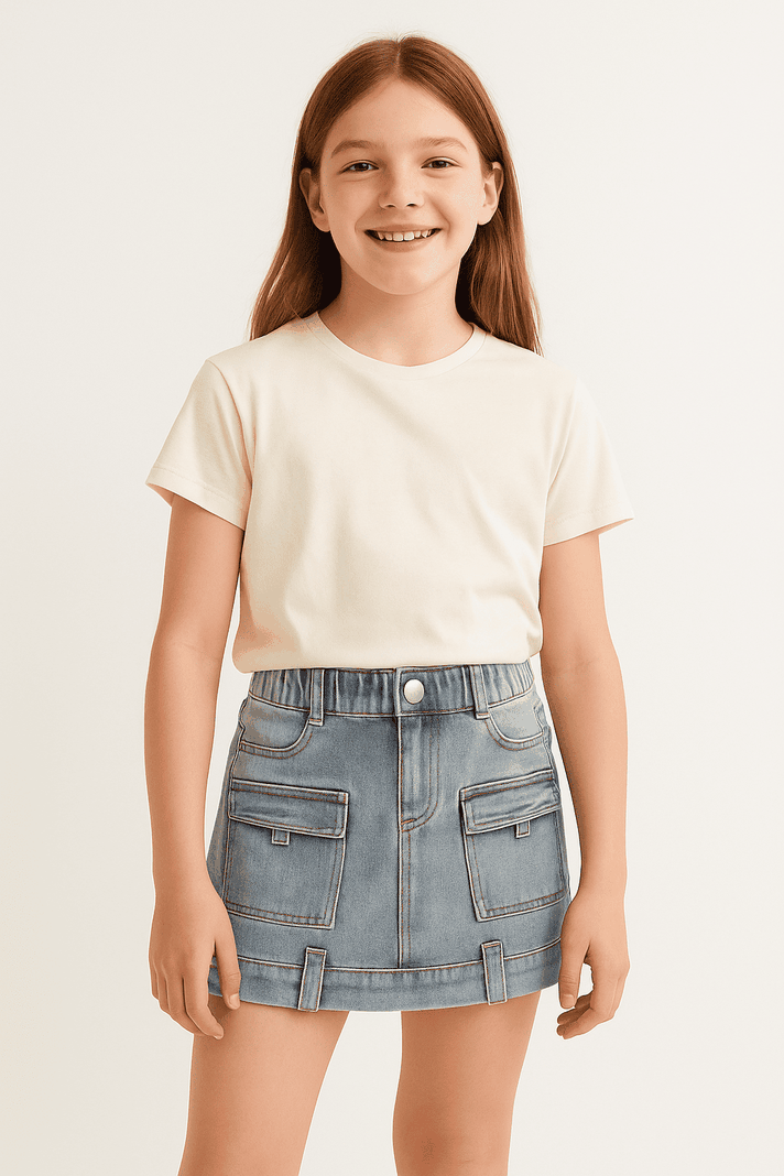 Falda Cargo Nina Con Bolsillos Moda Infantil 2025 Azul 4