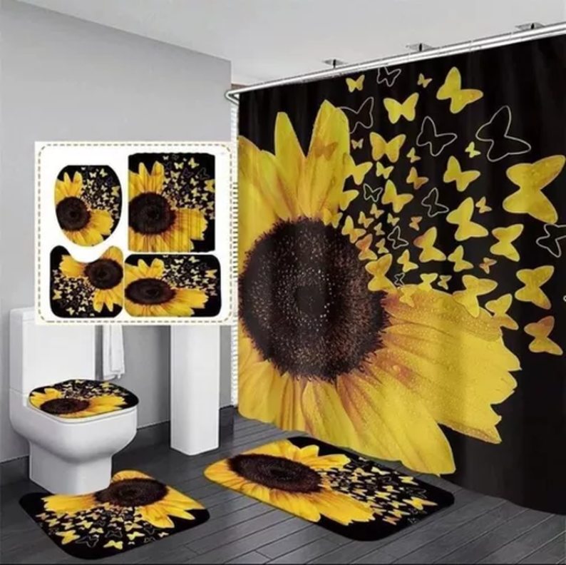 Cortina De Ducha + Set De Alfombra + Tapete Baño Girasoles-1