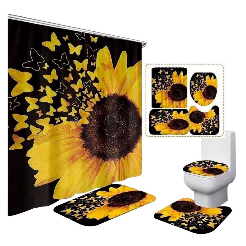 Cortina De Ducha + Set De Alfombra + Tapete Baño Girasoles-0