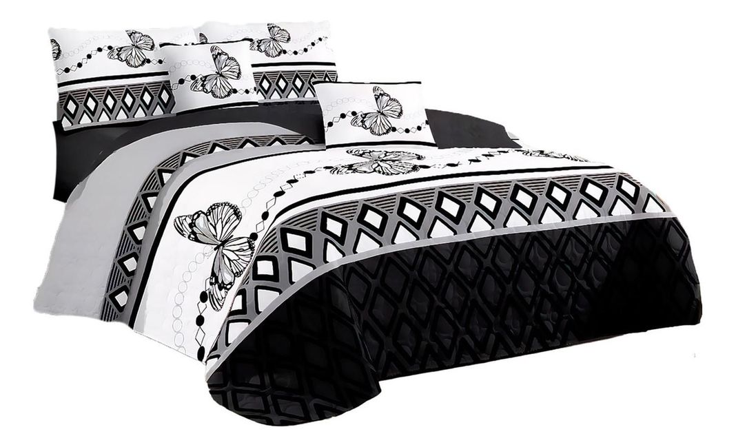 Cubre Cama King Quilt 2.5 Plaza Estampado Mariposas Gris 656