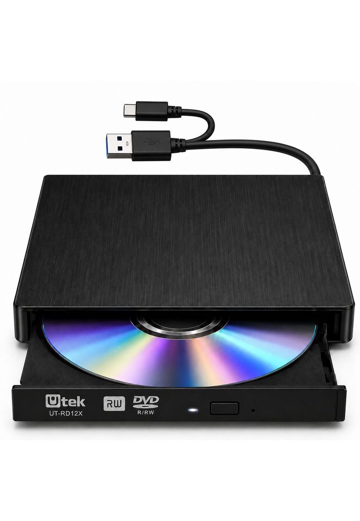 Grabador y Lector Externo de CD/DVD Dual USB / USB-C RD12X Negro