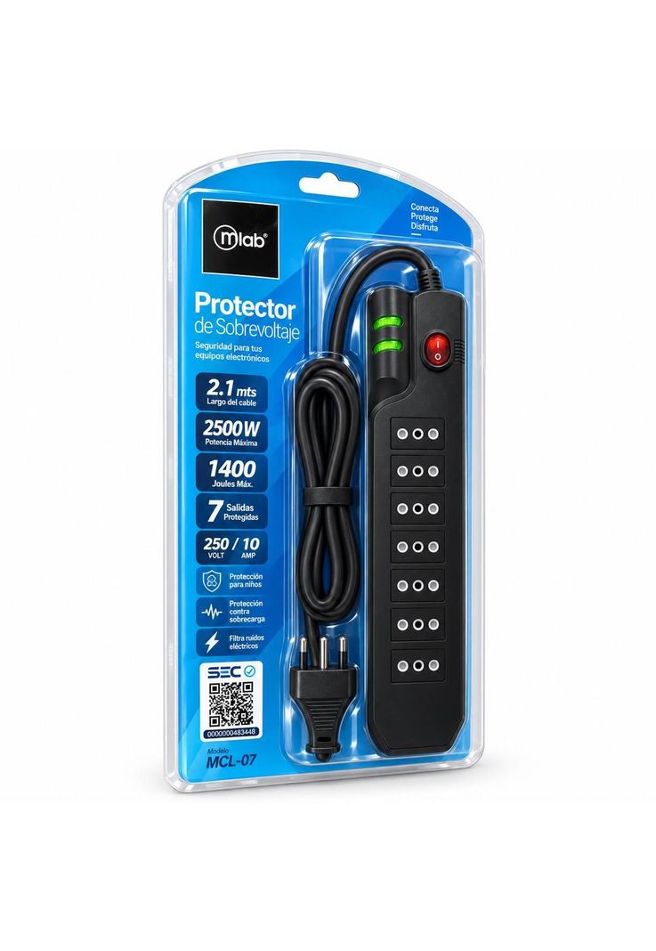 Alargador 2.1MTS 7 Salidas con Protecionde Voltaje 2500W SEC Negro