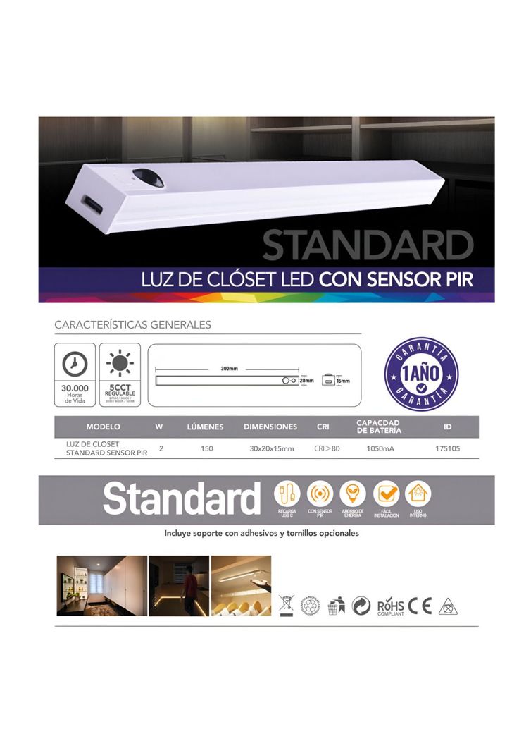 Barra LED Closet y Cocina + Sensor PIR Recargable USB-C D05-9
