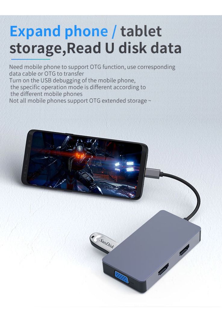 Hub Adaptador Type-C (5en1) 4K HDMI X2/ VGA/ Type-C/ USB 3.0-3