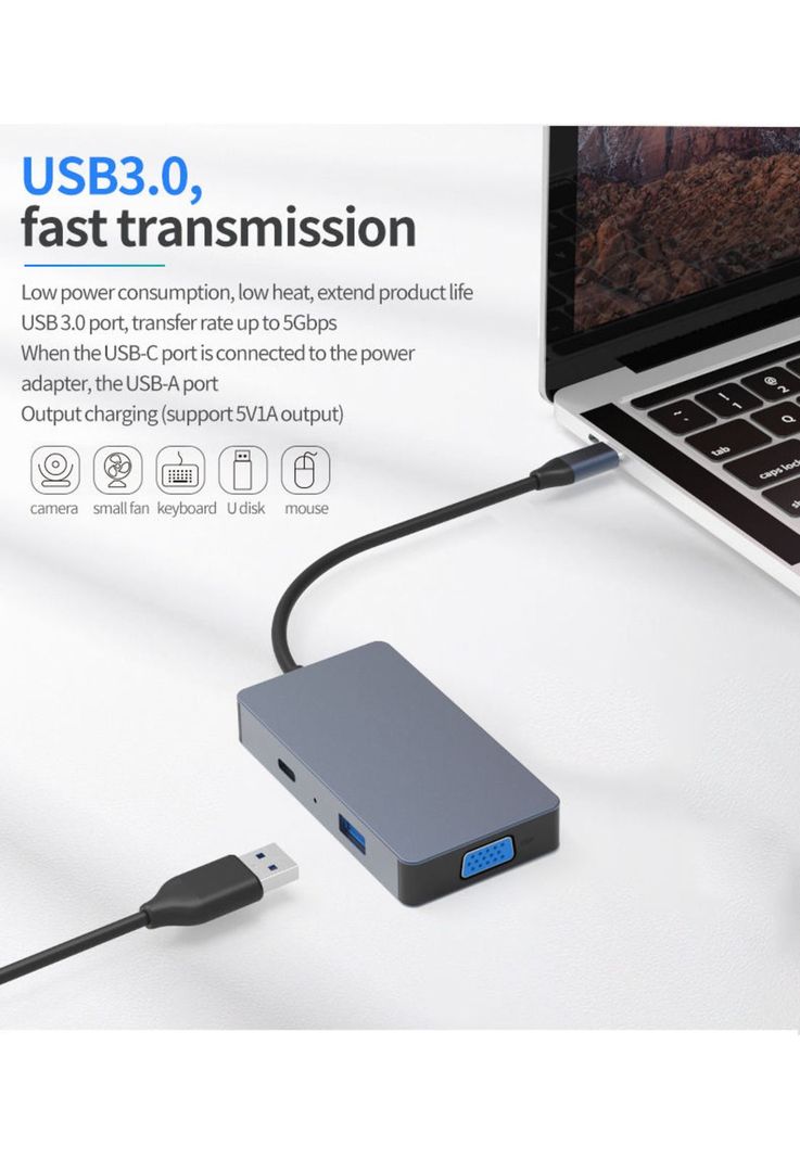 Hub Adaptador Type-C (5en1) 4K HDMI X2/ VGA/ Type-C/ USB 3.0-5