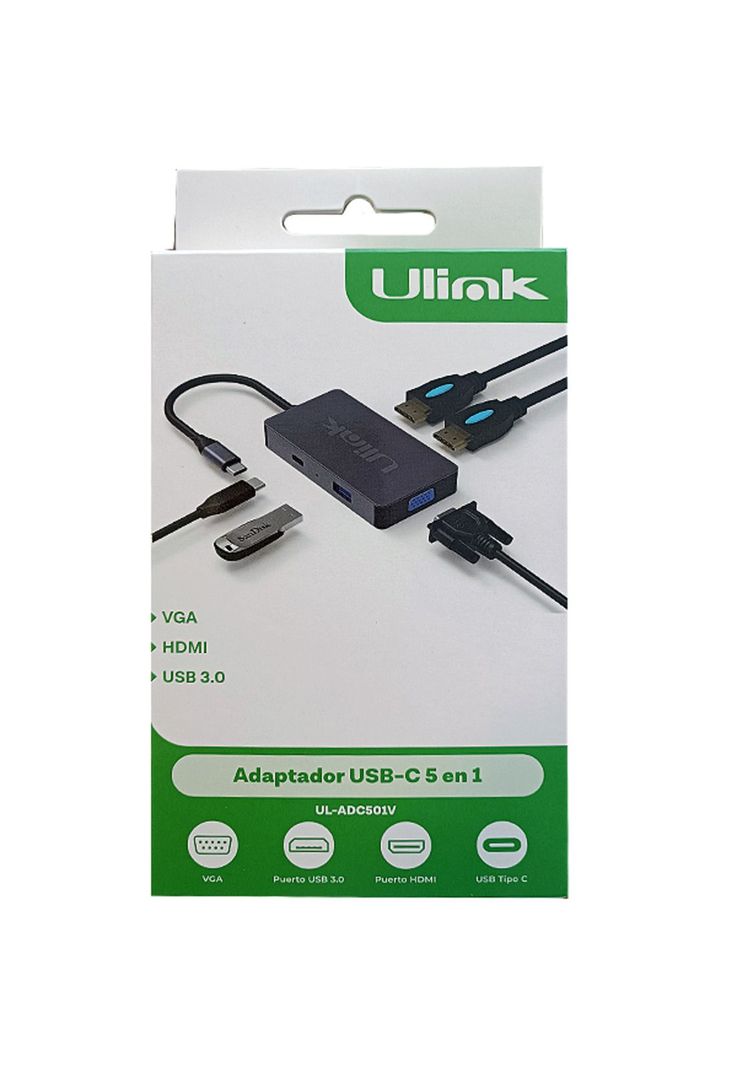 Hub Adaptador Type-C (5en1) 4K HDMI X2/ VGA/ Type-C/ USB 3.0-6