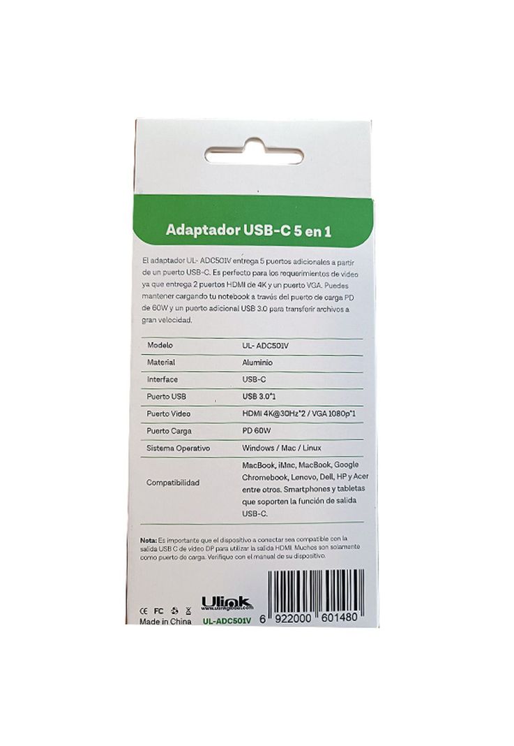 Hub Adaptador Type-C (5en1) 4K HDMI X2/ VGA/ Type-C/ USB 3.0-7