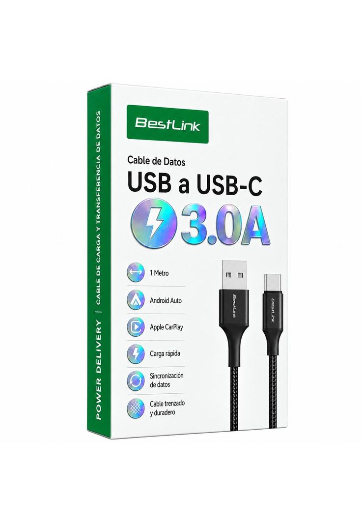 Cable de Datos USB a USB-C 1MT para Android Auto y CarPlay Negro