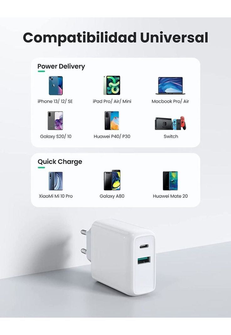 Cargador Pared USB C Ultra Rápido 36W Power Delivery + USB-2