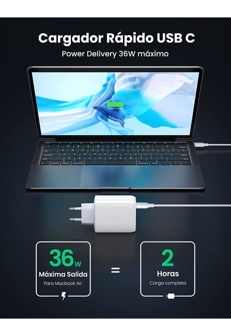 Cargador Pared USB C Ultra Rápido 36W Power Delivery + USB-3