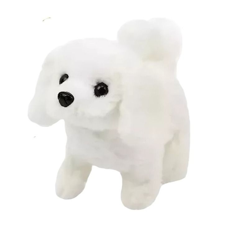 Perrito Blanco Camina y Mueve la cola. Tiene sonido, trae un hueso de accesorio