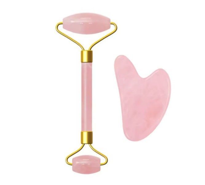 Kit Rodillo Facial Cuarzo Rosa Rejuvenecimiento Jade -0