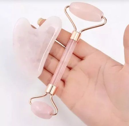 Kit Rodillo Facial Cuarzo Rosa Rejuvenecimiento Jade -3